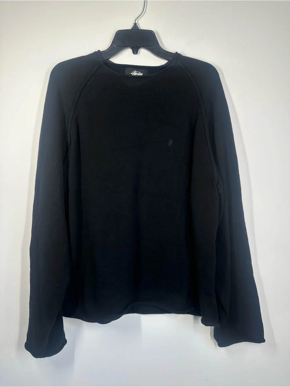 Stüssy Black Raglan Crewneck Sweatshirt Embroidered Logo Size Large
